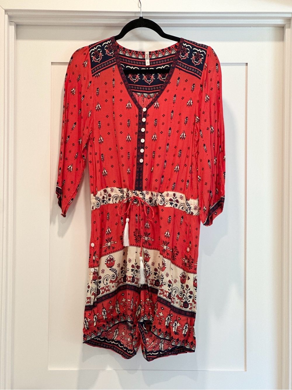 Spell Desert Wander Playsuit in Sunset - Red Printed Boho Short-Sleeve Romper - Picture 3 of 5